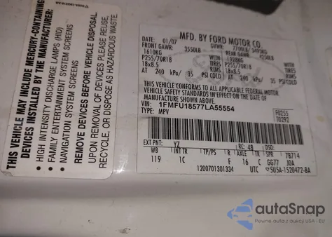 2007 Ford Expedition Eddie Bauer z USA, uszkodzony, nr VIN 1FMFU18577LA55554